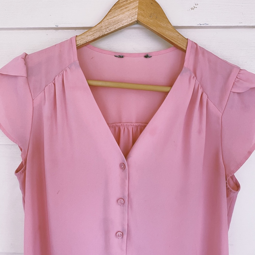 Vintage 70s pink chiffon blouse size medium ruffle cap sleeves workwear - Picture 2 of 4